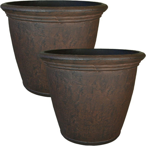 Round Planter Resin Outdoor Patio Floor Plant Flower Vase Pot Barrel Brown 22" 2